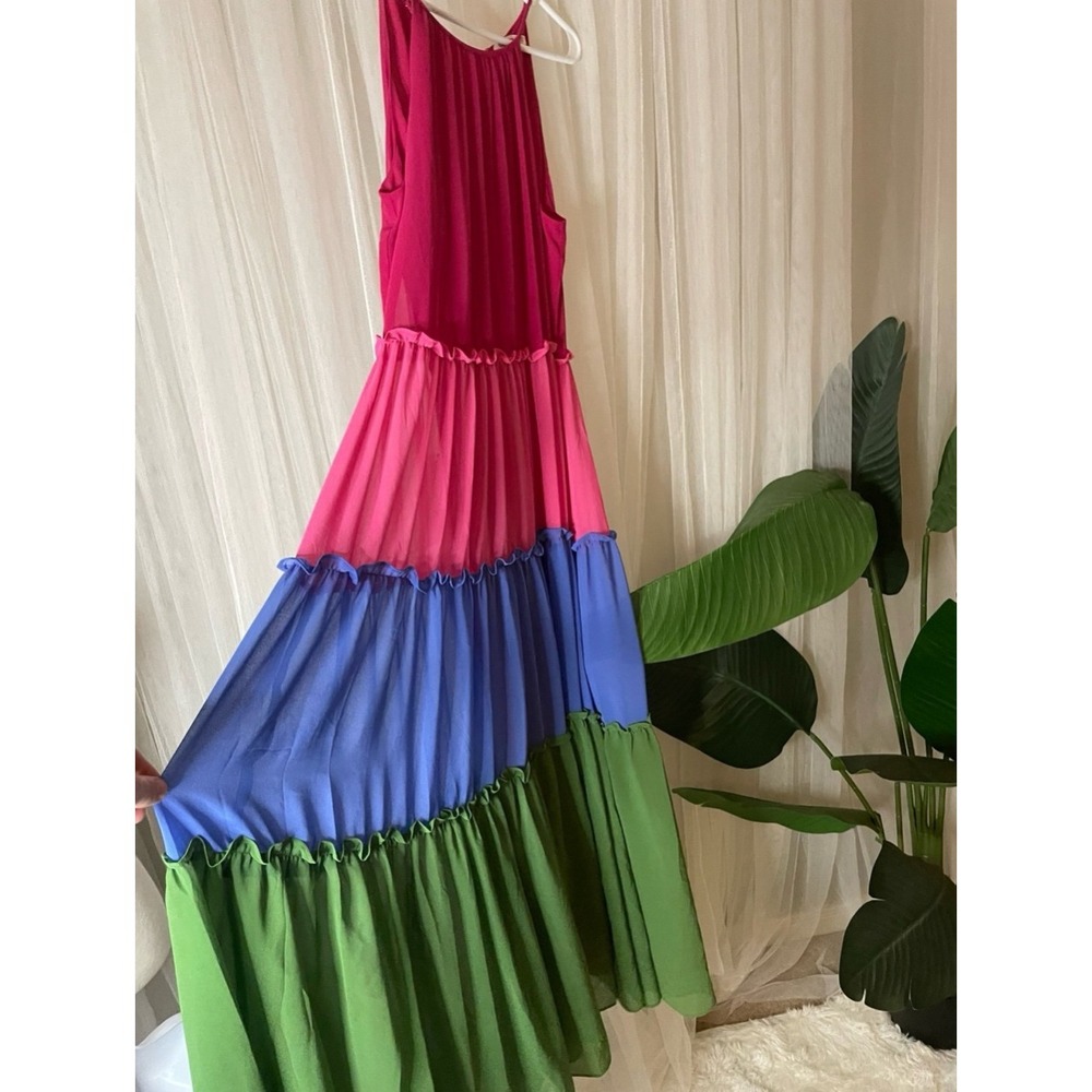 Chico's 1P Maxi Dress Color Block Ruffle Halter Sleeveless Party‎ Dress Petite M - Picture 2 of 16